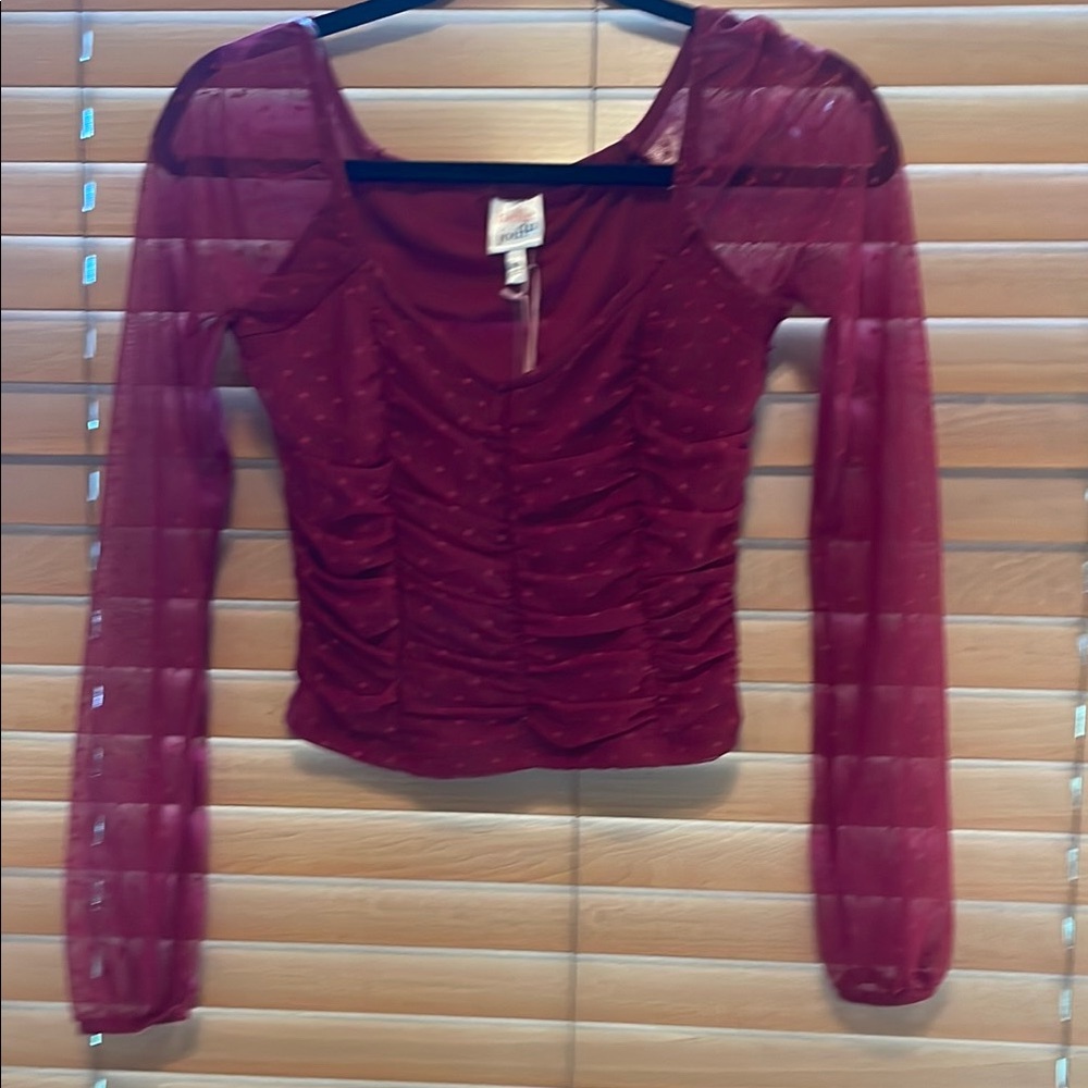 Belle Du Jour Red Ruched v-neck Long Sleeve delicate Blouse XS (d)